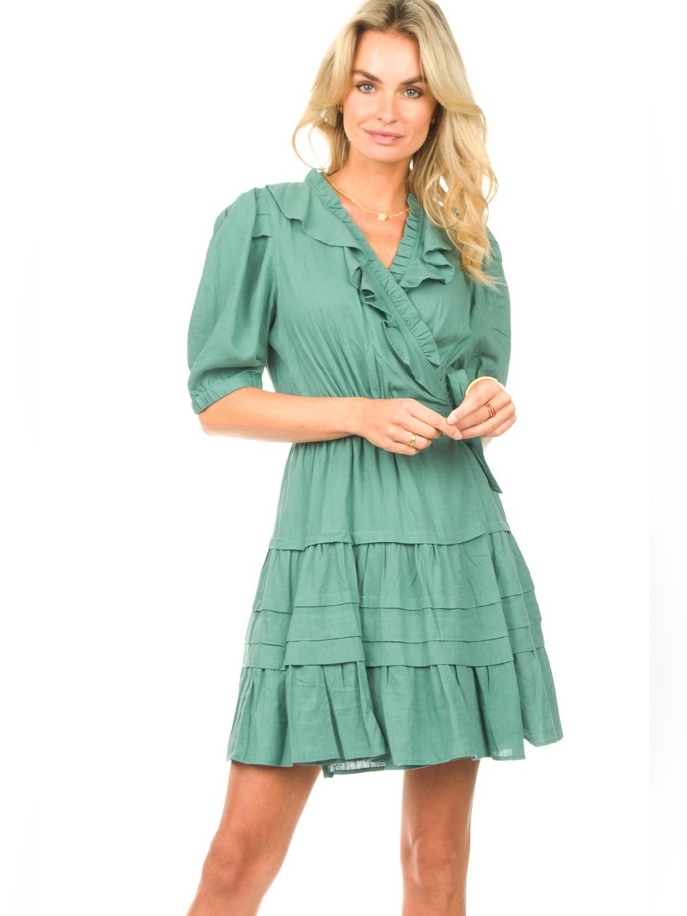 Suncoo Paris Cyrina Wrap Dress Linen Blend Green Ruffles Women’s Size Medium